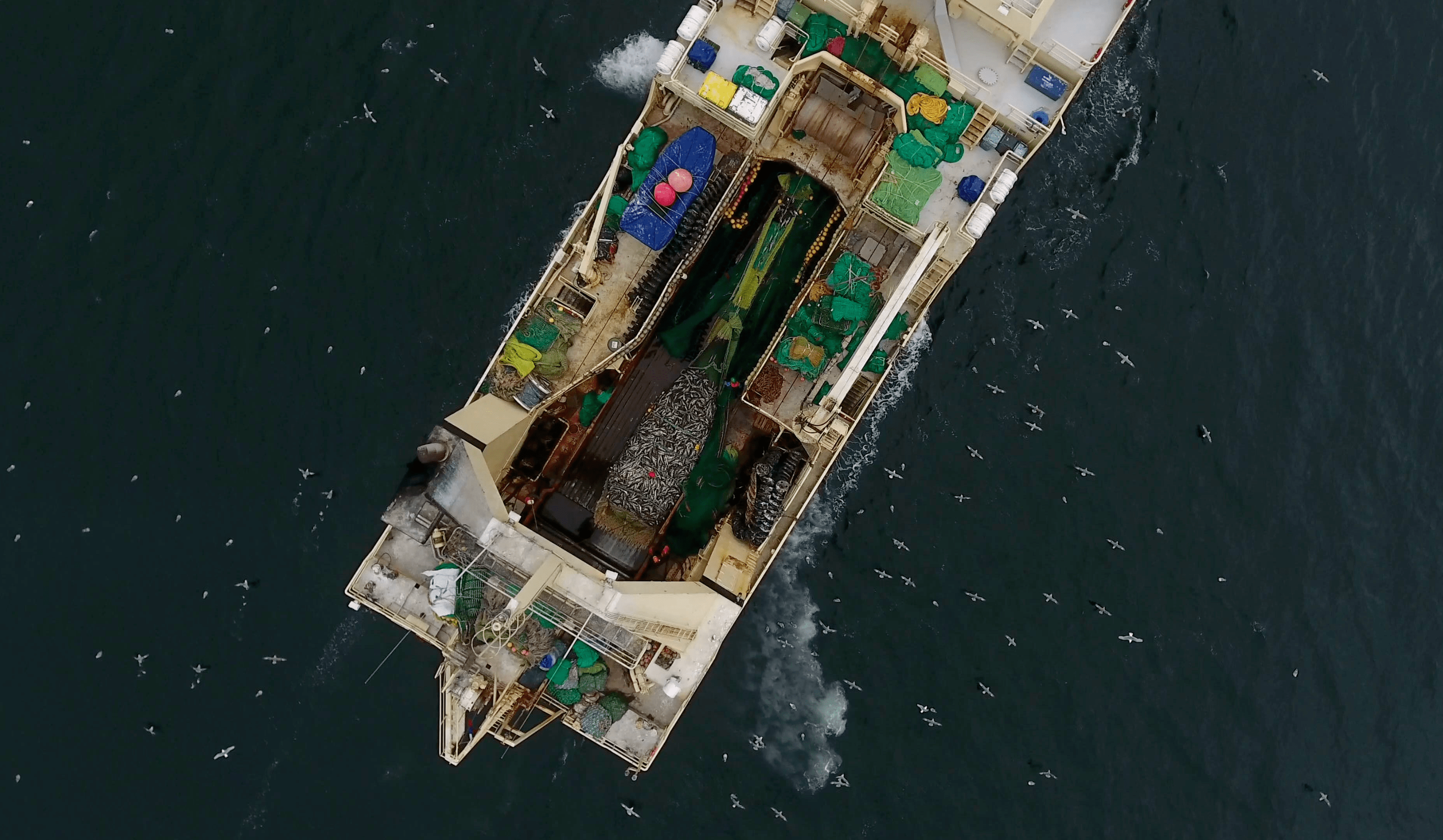 Bottom trawler captured by drone