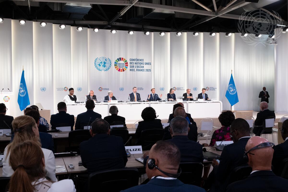 Emmanuel Macron (centre right), President of the Republic of France, speaks during the opening of the UN Ocean Conference. At third from left is Secretary-General António Guterres